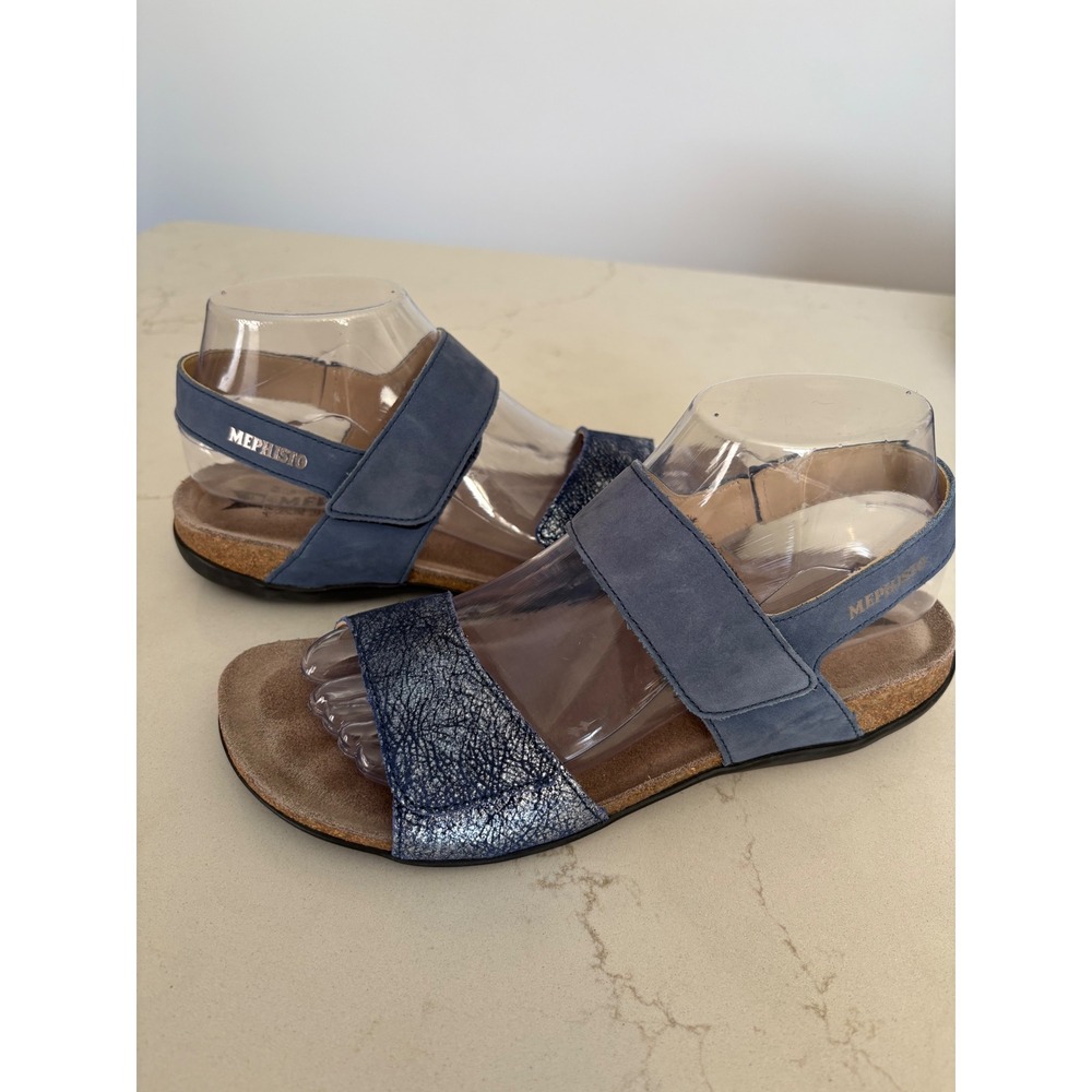 Mephisto Agave Navy Blue Metallic Leather Comfort Sandals Made in France 38 7.5